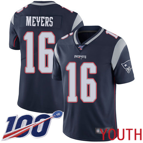New England Patriots Football #16 100th Season Limited Navy Blue Youth Jakobi Meyers Home NFL Jersey